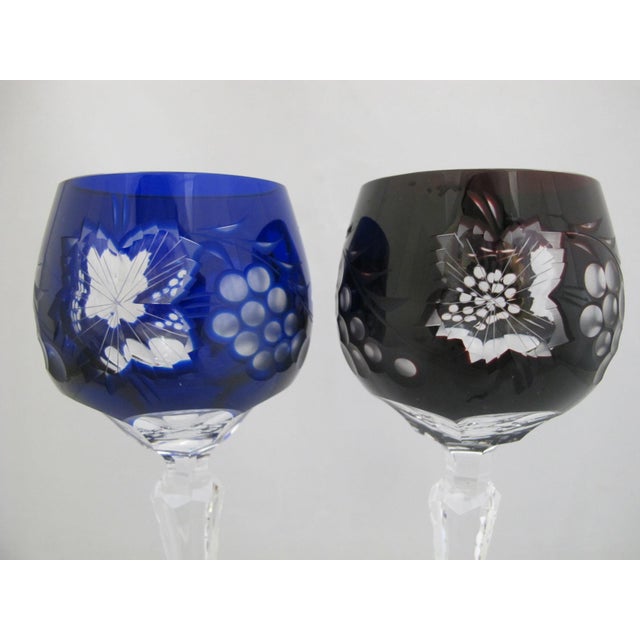 Glass Bohemian Cobalt Blue & Red Grape Cut Crystal 8 1/2" Hock Wine Glass Pair For Sale - Image 7 of 15