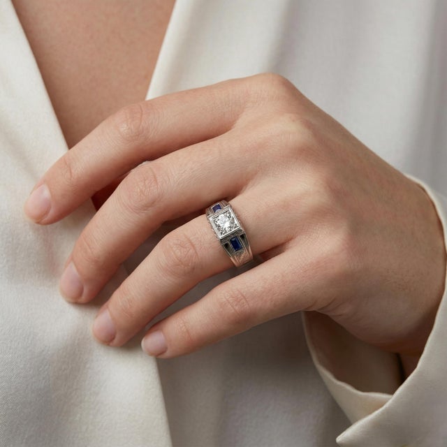 Refined antique Art Deco 18K white gold ring set with natural diamonds totaling approximately 0.40 Carat Total Weight (G/H...