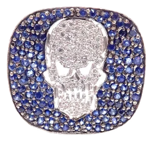 1990s Loree Rodkin White Gold Diamond Sapphire Skull Ring Paper Box