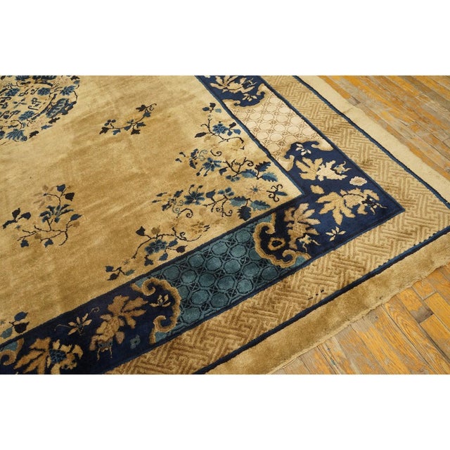 Textile 1920s Tan Beige Medallion Art Deco Antique Chinese Peking Carpet Knotted Rug For Sale - Image 7 of 10