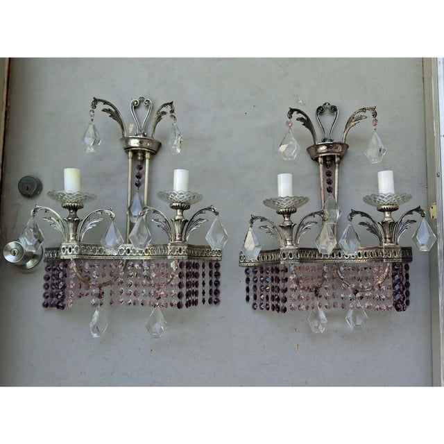 1940's Hollywood Regency Silvered Metal With Amethyst & Pink Cut Austrian Crystal Waterfall Wall Sconces a - Pair For Sale - Image 18 of 18