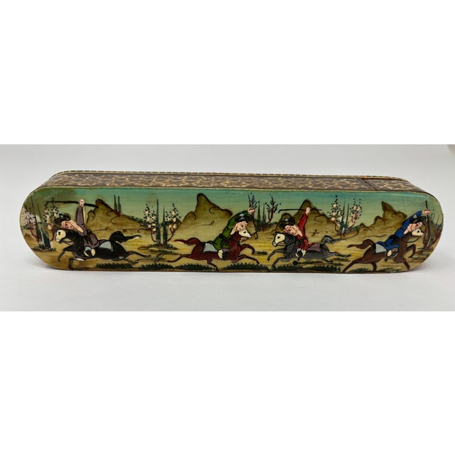 Khatam Marquetry Qalamdan Pen Box With Hand-Painted Equestrian Miniature 1940s For Sale - Image 9 of 13