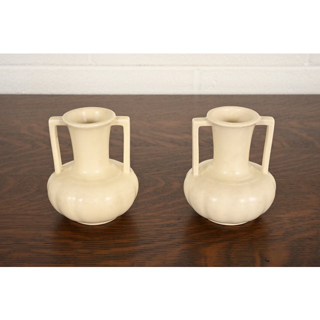 A gorgeous pair of Arts & Crafts or Art Deco period glazed art pottery handled vases By Rookwood Pottery USA, 1930s Glazed...