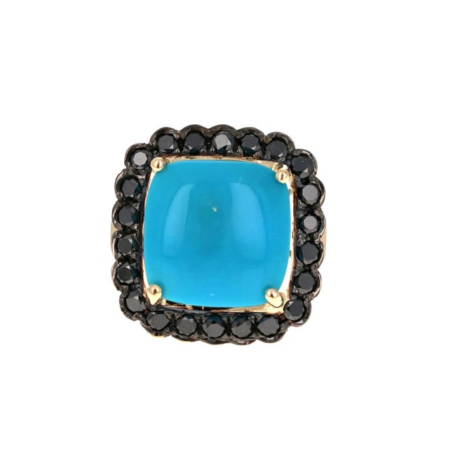 Contemporary 10.94 Carat Turquoise Black Diamond 14 Karat Yellow Gold Cocktail Ring For Sale - Image 3 of 6