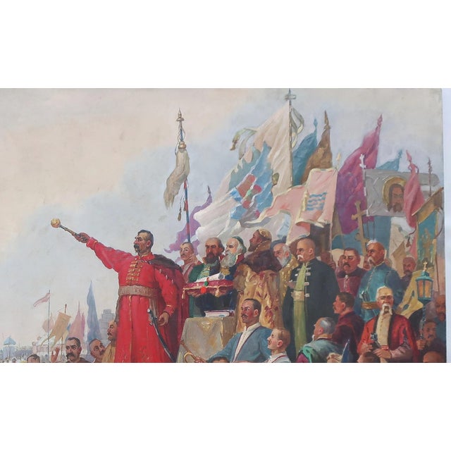 Campaign Original 'Pereyaslavskaya Rada' Oil Painting: Ukrainian Cossacks, Soviet Art 1970s 123-200 For Sale - Image 3 of 6