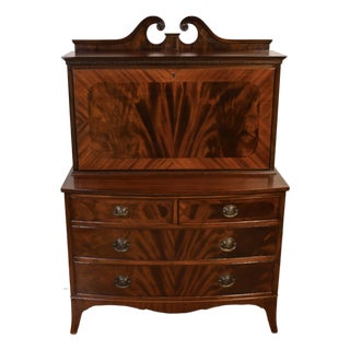 1920 Antique English Regency Crotch Mahogany Secretary Desk Drop Front Desk For Sale