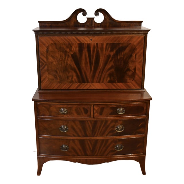 1920 Antique English Regency Crotch Mahogany Secretary Desk Drop Front Desk For Sale