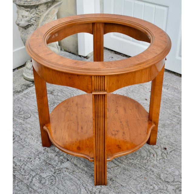 Traditional Drexel Heritage Yew Wood End Table Vintage Regency Burl Round Side Glass Top 24” For Sale - Image 3 of 13