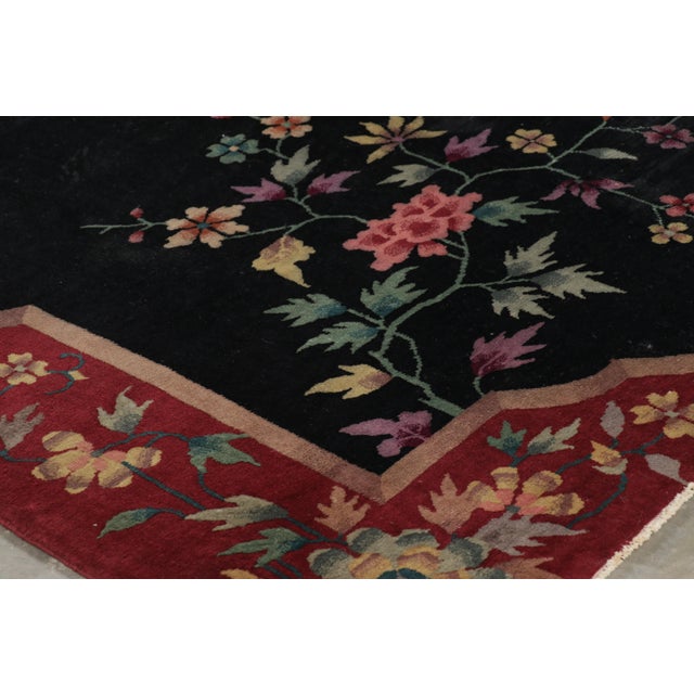 1950s Vintage Chinese Art Deco Rug in Red and Black With Floral Patterns - Rug & Kilim For Sale - Image 5 of 9