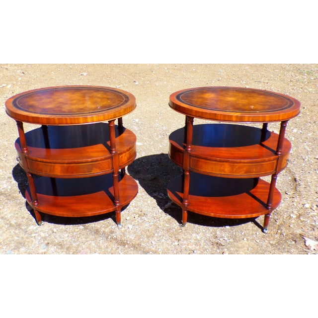 Vintage Pair Weiman Heirloom Mahogany Leather Top Oval Lamp Tables For Sale - Image 14 of 18