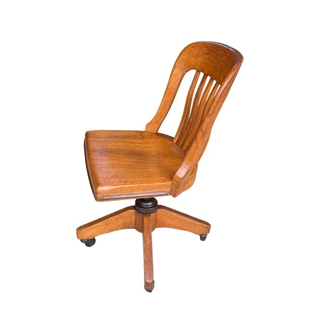 Brown Antique B.L.Marble Chair Co. Golden Oak Swivel Desk Chair | Quarter-Sawn Oak Banker’s Chair | Early American Library & Office Chair For Sale - Image 8 of 13