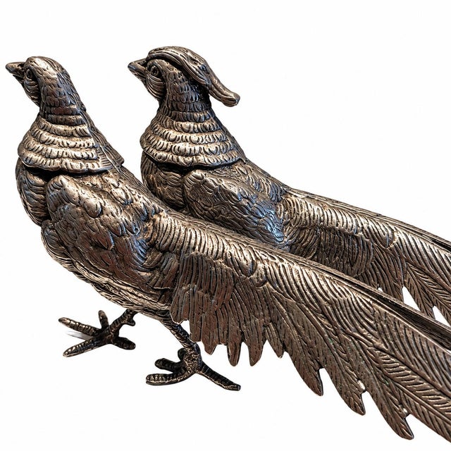 Metal Pair of Vintage Large Chinese Brass Silver-Plated Pheasant Sculpture Figurines For Sale - Image 7 of 9
