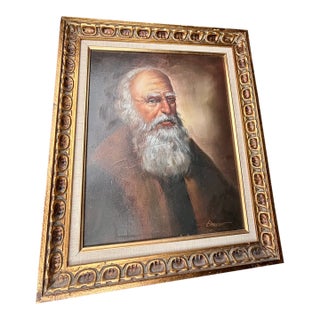 1960s Mid Century Modern Framed Oil Painting of an Old Man Chiaroscuro Tenebrism Vibe Maybe Franz Schoorman Work For Sale