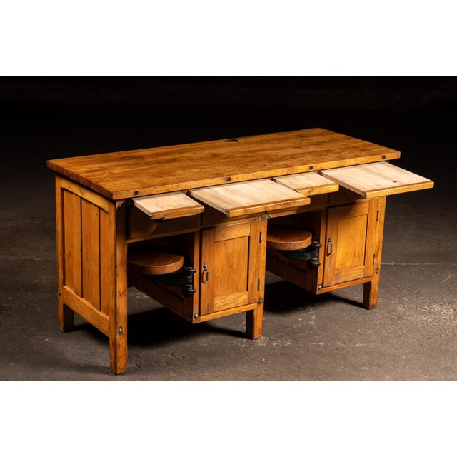 Wood Early 20th Century Walnut Industrial Workbench With Swing-Out Stools For Sale - Image 7 of 18