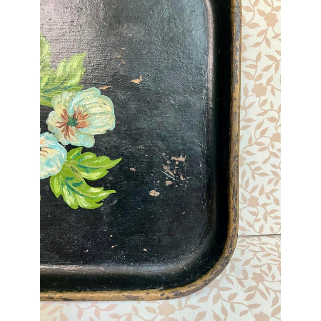 Shabby Chic Hand-Painted Paper Mâché Tray With Blue Pansy For Sale - Image 3 of 5