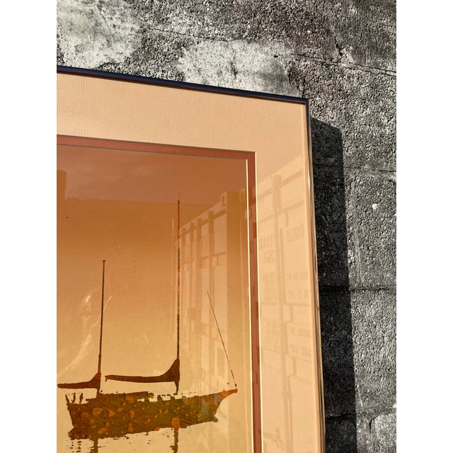 1970s Framed Burnt Sienna Monochromatic Seascape Lithograph. For Sale - Image 13 of 16