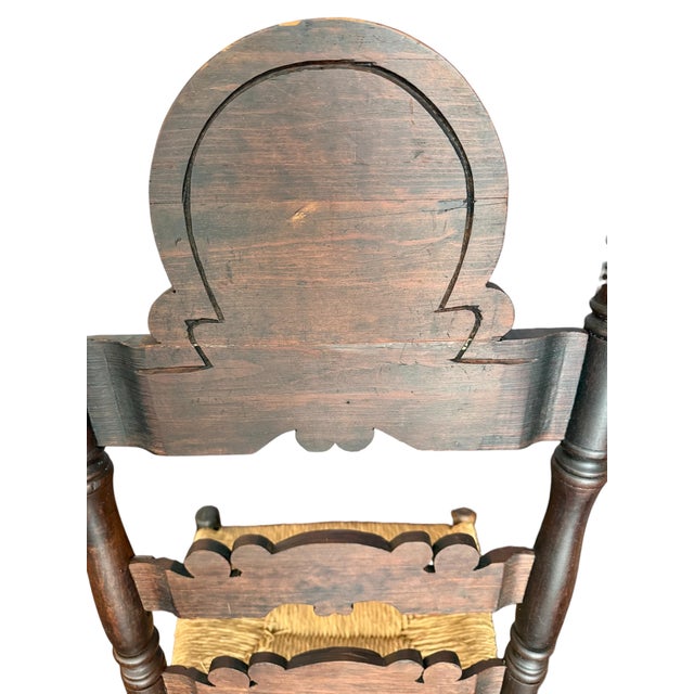 Brown Pair Antique Victorian Carved Ladder Back Chairs-Rush Seat-Hall-19th C-Colonial For Sale - Image 8 of 12