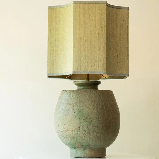 Large Pistachio Green Ceramic Table Lamp with Silk Lampshade attributed to R. Houben, 1970s For Sale - Image 3 of 10