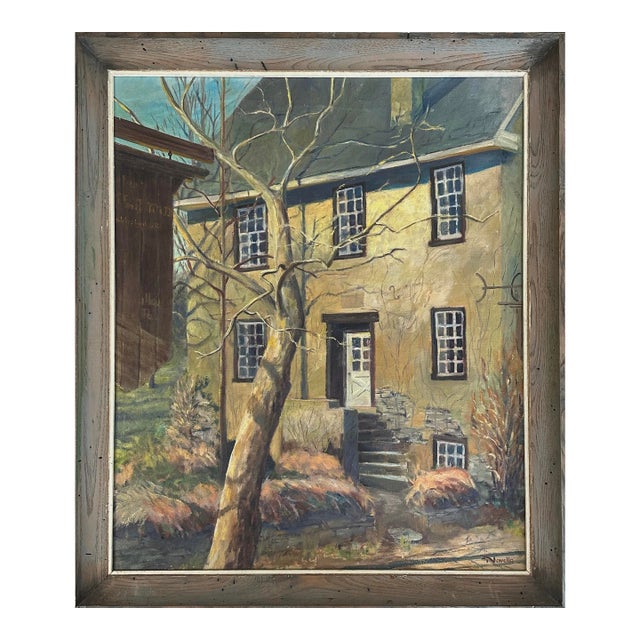 Vintage Winter Realist Landscape With Mill House and Tree, Signed (Ca. 1955, Oil on Canvas) For Sale