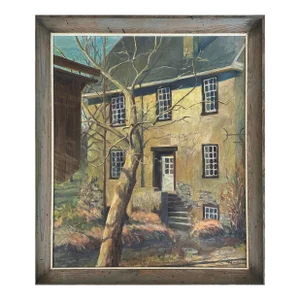 Vintage Winter Realist Landscape With Mill House and Tree, Signed (Ca. 1955, Oil on Canvas)