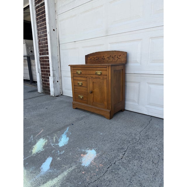 Antique Oak Washstand With Carved Backsplash, Cabinet and Brass Hardware For Sale - Image 4 of 12