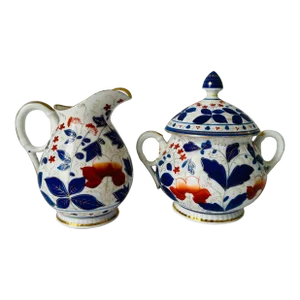 Antique Hand Painted Gaudy Welsh Style Porcelain Creamer and Sugar Pot