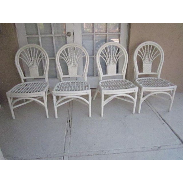 1970s Tropical Style Wicker Bamboo Dining Chair White With Cushion Set of 4 For Sale - Image 11 of 11