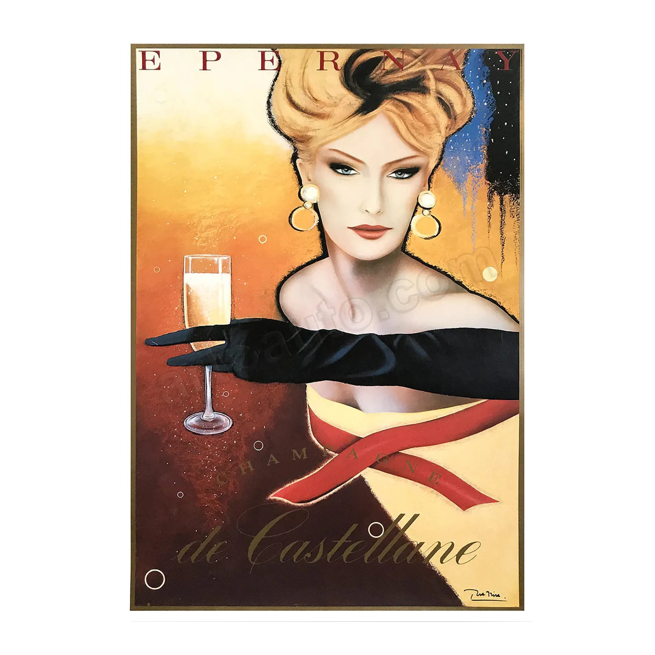 ヴィンテージ広告ポスター 額縁 シャンパン広告 Razzia著 Razzia Hand Signed Epernay Champagne Poster Original - 46x60
