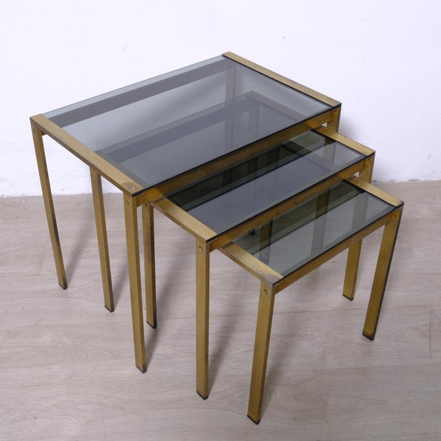Nesting Coffee Tables in Glass and Brass, Italy, 1970s, Set of 3 For Sale - Image 15 of 18