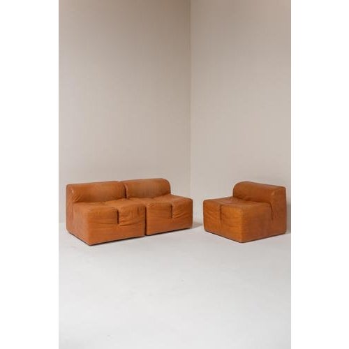 Animal Skin Ipercubo Lounge Chairs in Cognac Leather by Jonathan De Pas, Italy, 1970s, Set of 3 For Sale - Image 7 of 15
