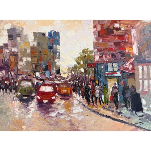 City Glow: The Afternoon Rush, Impasto Oil Painting by Godfrey Afebuame (2024) For Sale