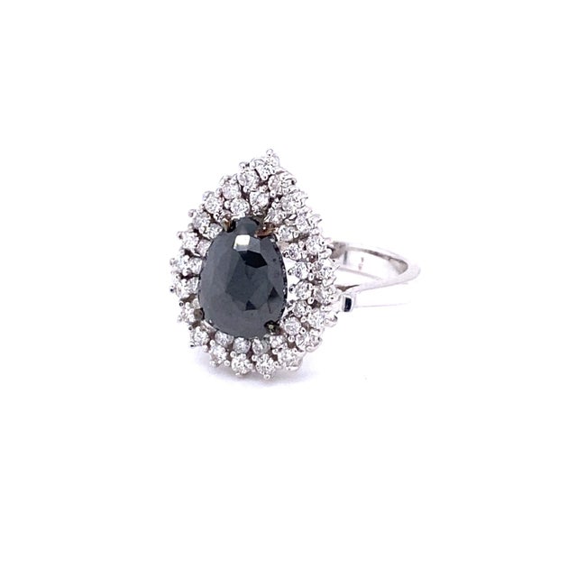 Contemporary 3.01 Carat Black and White Diamond Double Halo 14 Karat White Gold Bridal Ring, Size 7 For Sale - Image 3 of 6