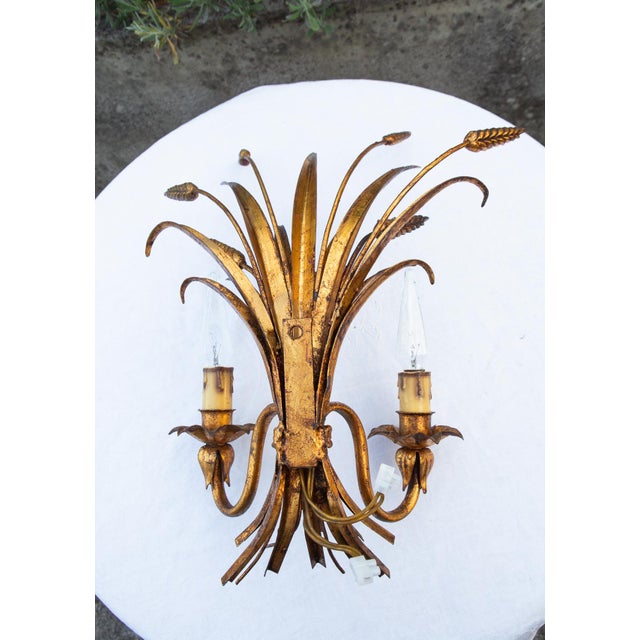 Italian Gilt Metal Wall Sconces with Leaves and Ears of Wheat, 1960s-1970s, Set of 2 For Sale - Image 6 of 11