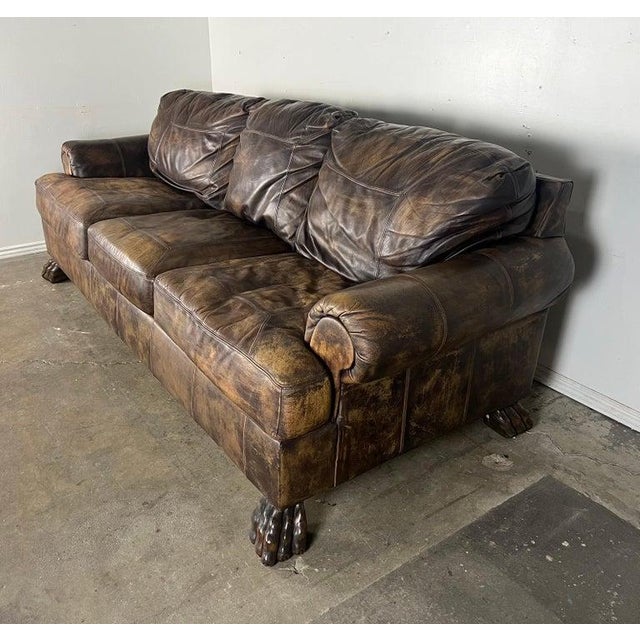 Vintage Distressed Leather Sofa With Lion Paw Feet For Sale - Image 11 of 16