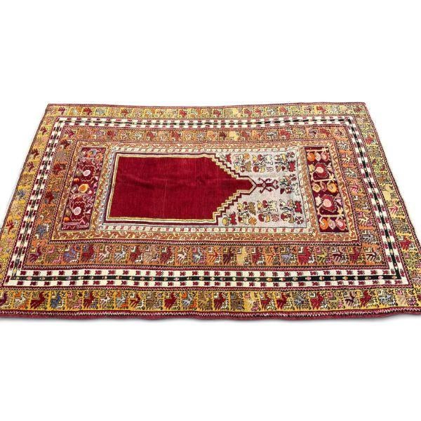 Antique Avanos Cappadocia Rug | Vibrant Red Prayer Rug With Intricate Decorative Details | 5x7 For Sale - Image 4 of 5