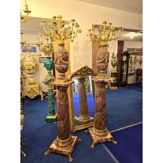 Louis XVI-Style Porcelain Pedestal Centerpiece Set of 2 With Floral Gold Leaf Details & Gilded Bronze Accents For Sale - Image 10 of 11
