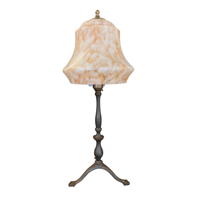 Vintage European Table Lamp With Swirled Glass Shade and Metal Base For Sale