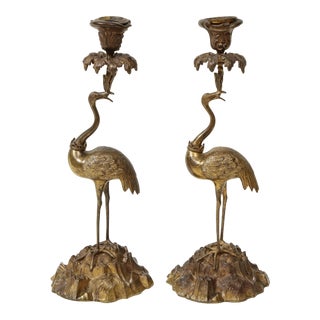 Pair of Gilt Bronze Ostrich Candlesticks For Sale