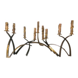 70s Vintage Large Abstract Hand Wrought Steel Brass Brutalist Hanukkah Menorah Paul Evans Era Mid Century Judaica Art Sculpture For Sale