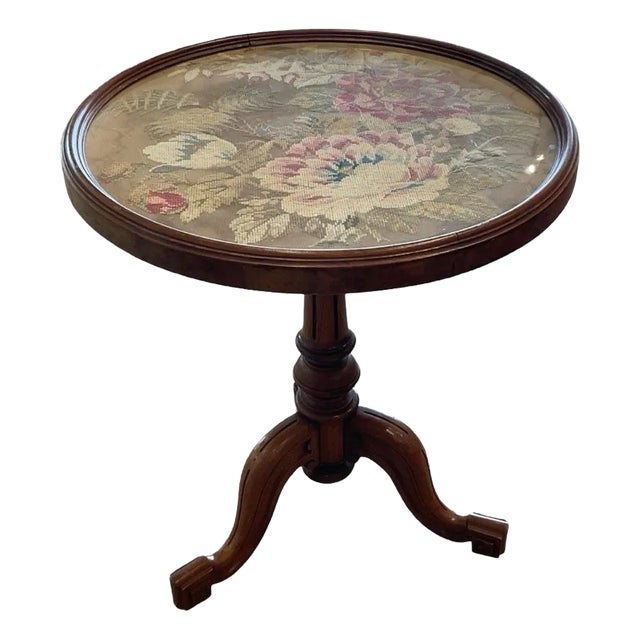 Round Victorian Occasional Table With Floral Needlepoint Top For Sale