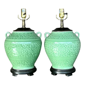 Vintage Boho Glazed Ceramic Lamps - a Pair