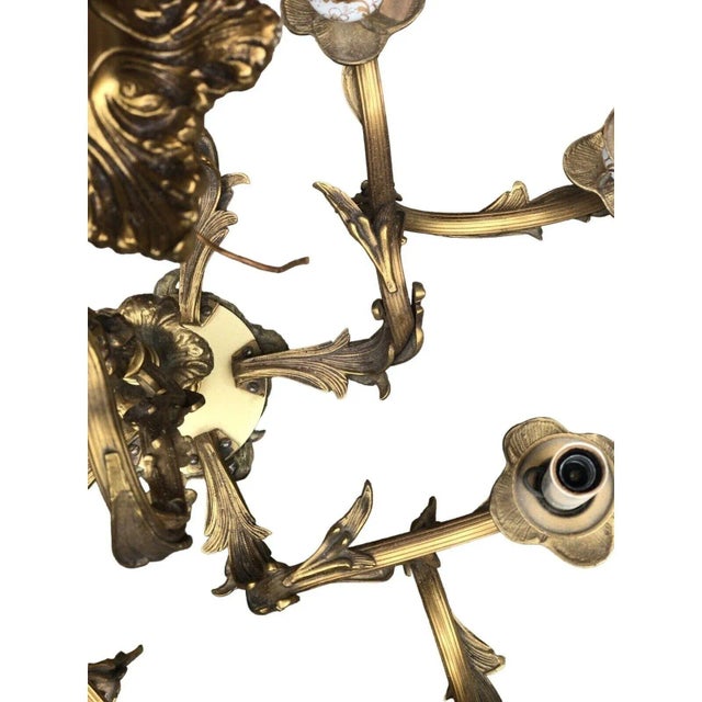 Vintage Mid 20th Century French Rococo Style Bronze Brass Porcelain 12-Light Chandelier For Sale - Image 9 of 11