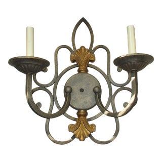 Vintage Large French Fleur De Lis Design Grey & Gold Wrought Iron Wall Sconce For Sale