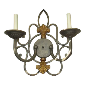 Vintage Large French Fleur De Lis Design Grey & Gold Wrought Iron Wall Sconce
