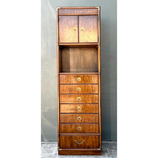Vintage Drexel Wood and Metal Campaign Tall Cabinet For Sale In West Palm - Image 6 of 12