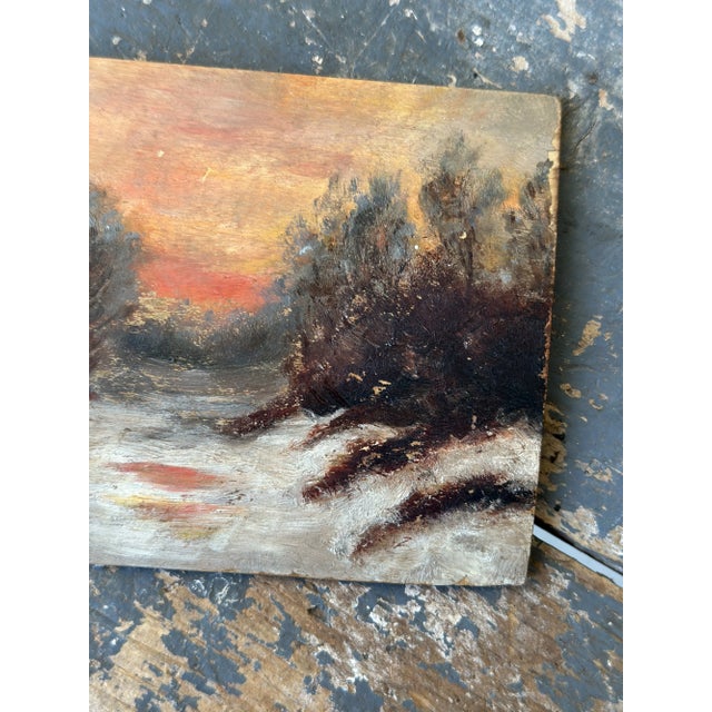 Vintage Impressionist Snowy Daybreak / Sunset Landscape on Board, Circa Mid 20th Century For Sale - Image 10 of 11