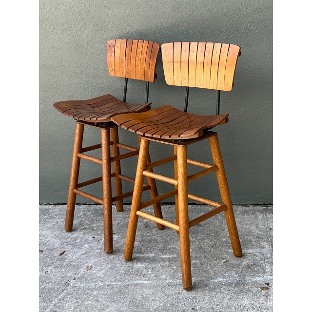 Mid 20th Century MCM Slat Back Bar Stools After Arthur Umanoff - Pair For Sale - Image 5 of 12