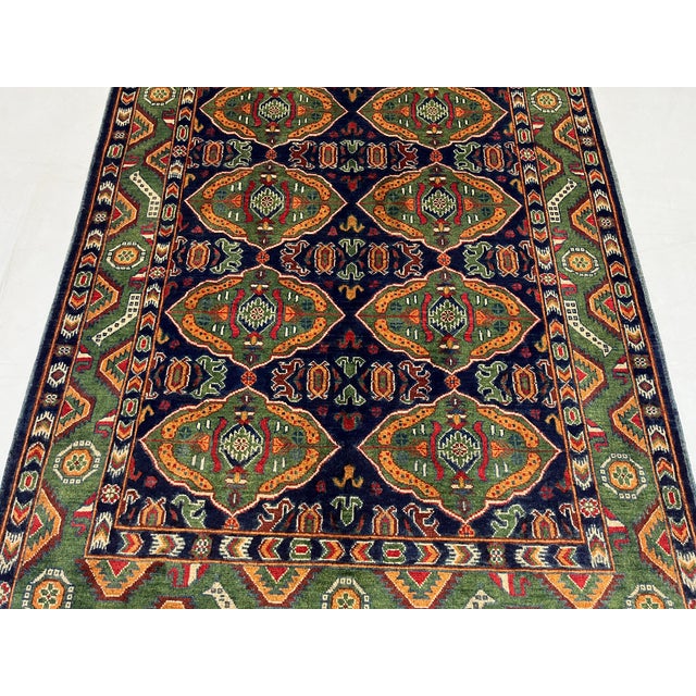 Navy Blue Green & Navy Blue Geometric Tribal Wool Area Rug, 5' X 6'7" For Sale - Image 8 of 16