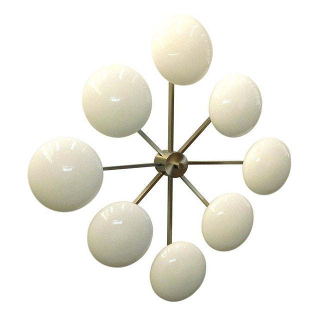 Italian flush mount with eight glossy white Murano glass shades mounted on solid brass frame in satin nickel finish / Made...