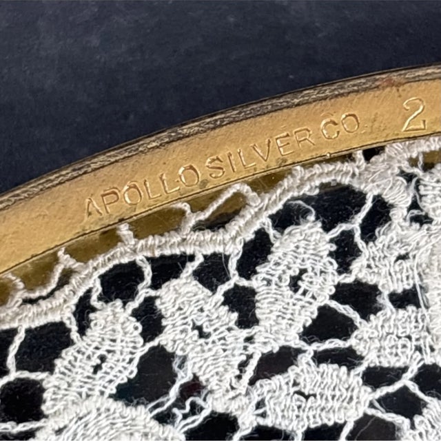 Brass Antique Apollo Silver Co. Gilt Brass Vanity Tray With Lace Under Glass For Sale - Image 8 of 13